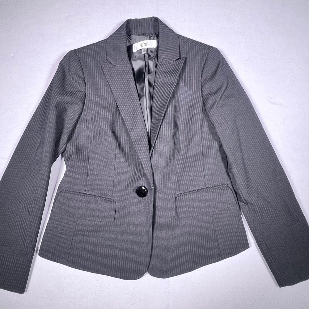 Le Suit Petite Blazer Gray Pinstripe Single Button Career Jacket Size 2P